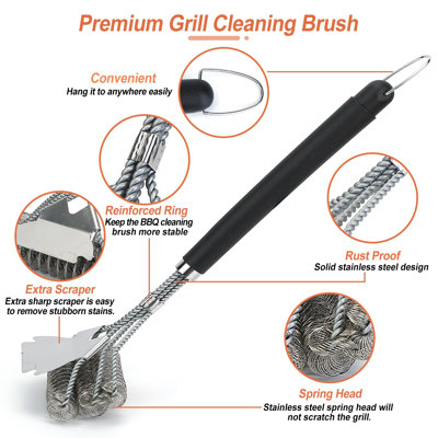 Brosse de nettoyage pour barbecue en acier inoxydable: poignée de 16,5 po, poils rigides