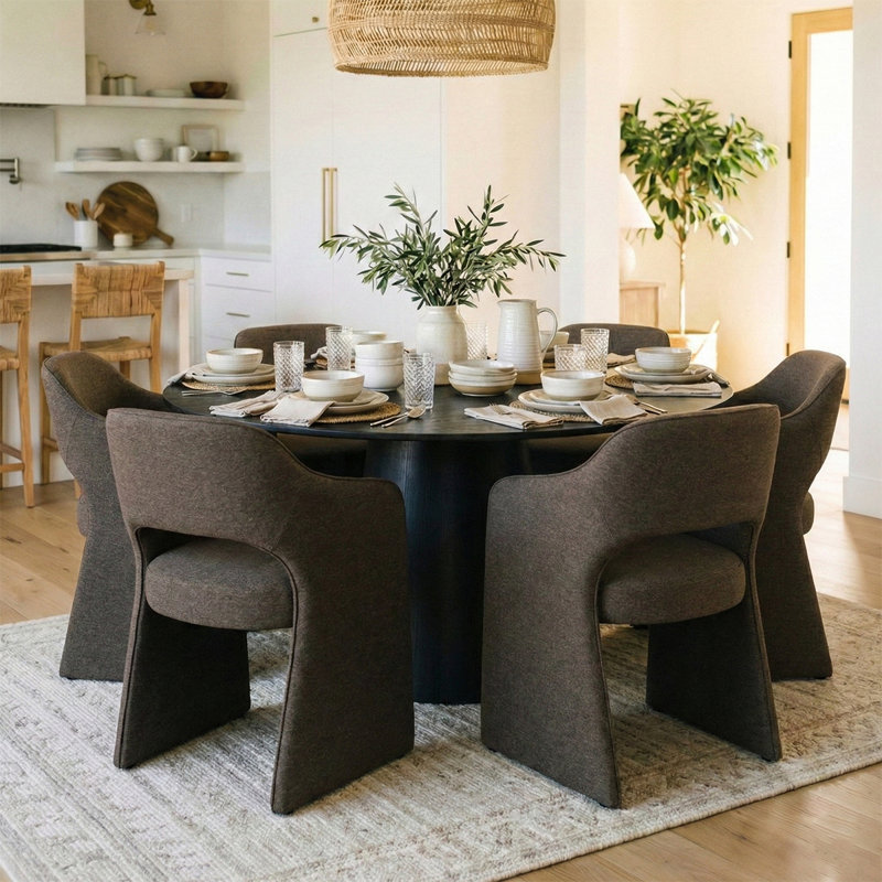 6 - Person Dining Table Sets With Round Table & 6 Upholstered Waterproof Chairs, Brown, Black