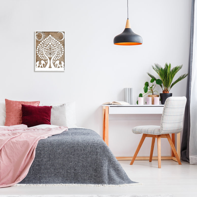 «Boho Elephants Tree of Life Abstract Sun Moon», art mural sur toile tendue, Giclée encadrée blanc bord de mer