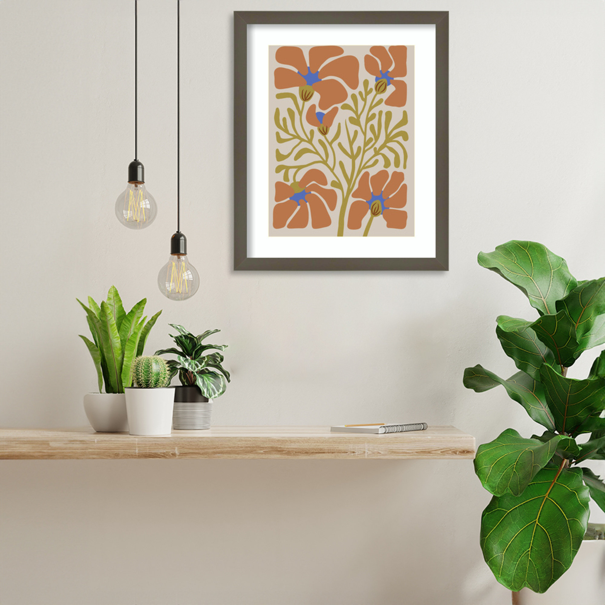 Expressive Abstract House Plant Orange On Tan Framed On Paper by The Creative Bunch Studio Print, Gray, 17" H x 14" W x 1" D