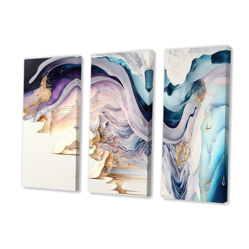 «Dondrea Blue, Gold and Mauve Abstract Waves II», reproduction sur toile 3 pièces, H 32 po x l 48 po x P 1 po, Toile tendue