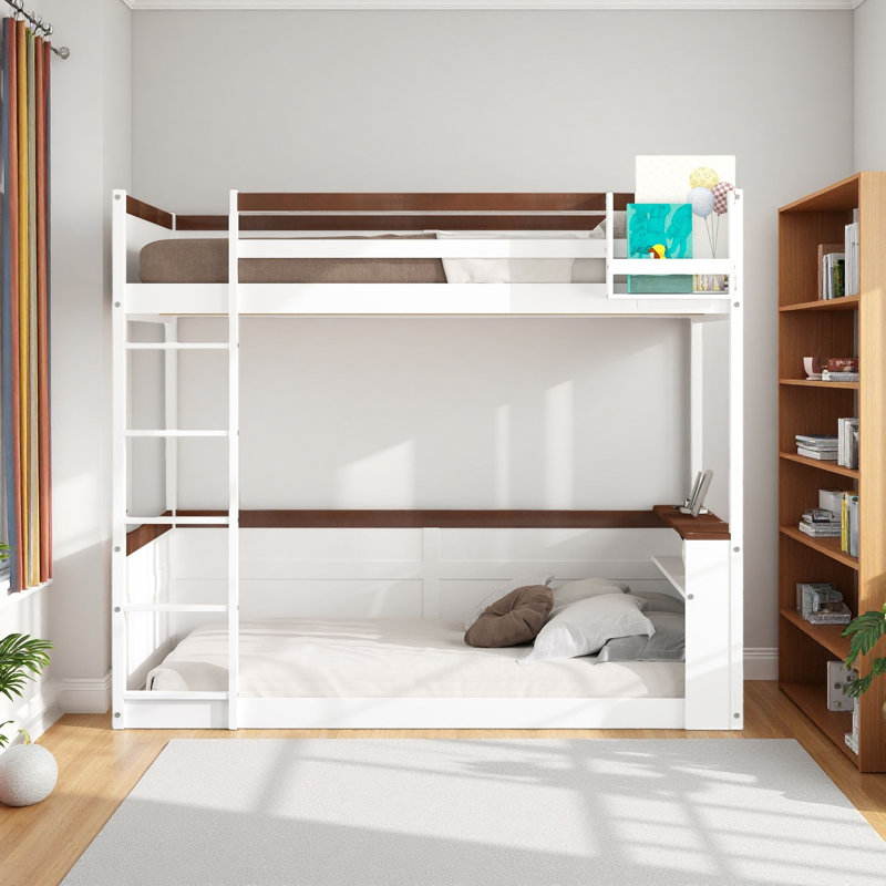 Grand lit superposé en bois avec tablettes intégrées, boîte de rangement, lumière DEL et station de charge USB, Blanc
