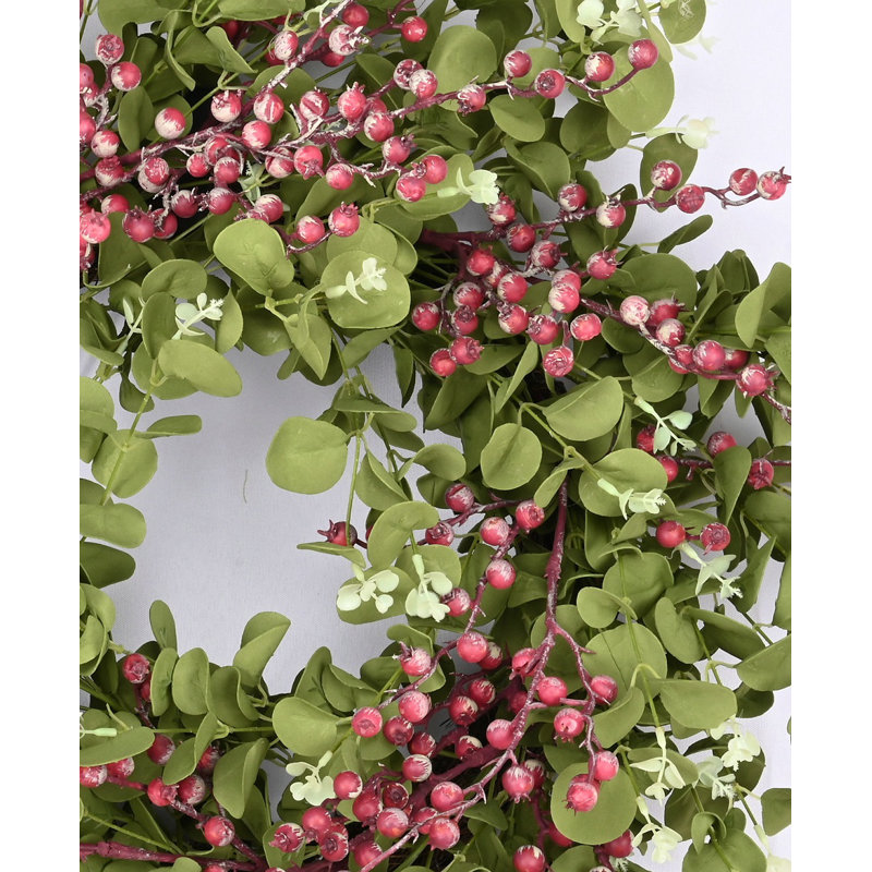 Couronne de baies en eucalyptus fabriquée à la main 24 po pour porte d'entrée, Mauve / Vert