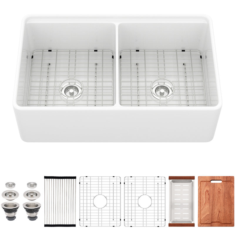33-Inch, White, Ceramic, Sink, Double Basin, Multitasking, Smooth Glazed Surface, Space Track
