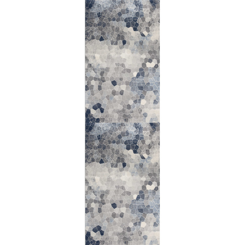 12' Blue And Beige Geometric Runner Rug