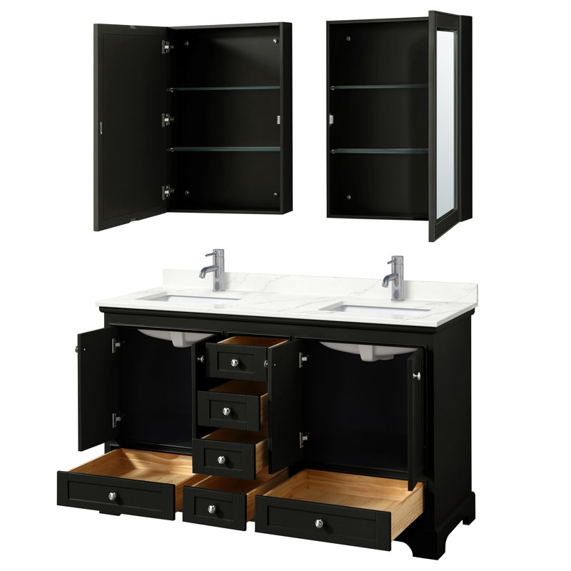 Ensemble de meuble-lavabo double autoportant Deborah avec plateau en quartz et miroir, Quartz Giotto, Espresso foncé