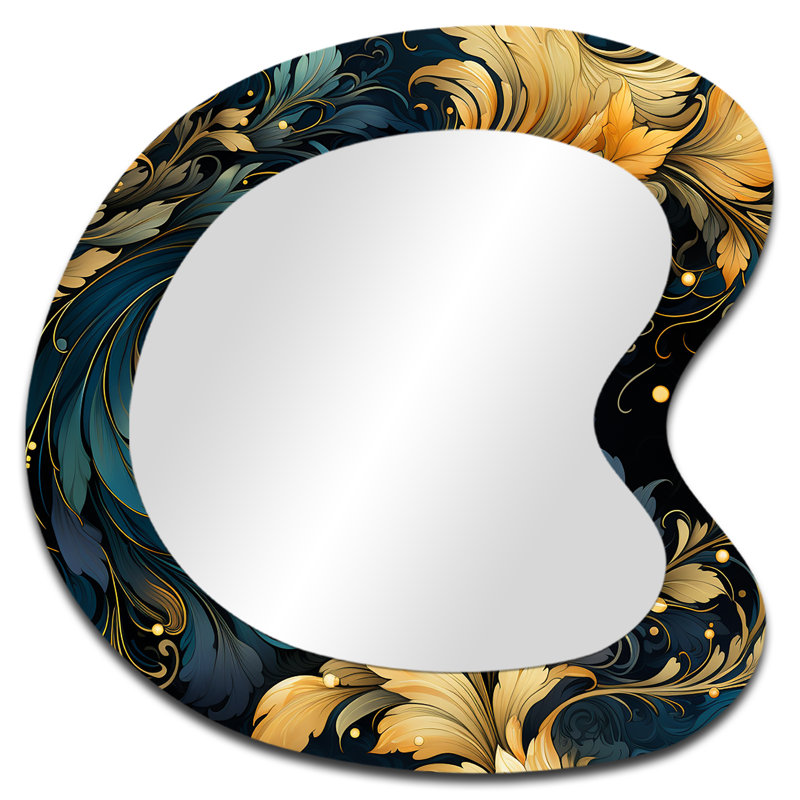 «Faruque Blue and Yellow Cosmic Damask Whirls» - miroir mural décoratif de forme unique en damas, grand miroir asymétrique jaune, impression sur métal