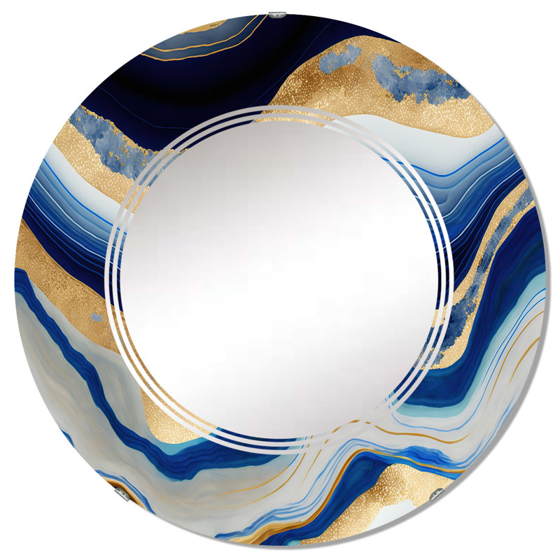 Osaretin vibrant bleu et or Flow Art IV - miroir mural abstrait, 32 po x 32 po