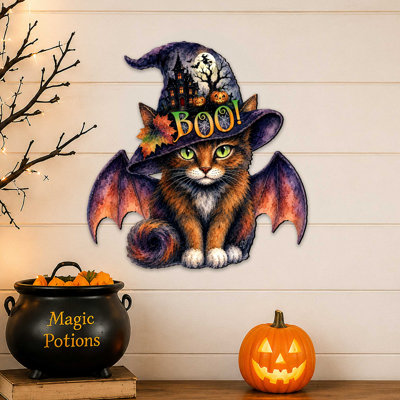 Décoration de porte en bois Boo Cat pour l'Halloween, avec chapeau de sorcière et ailes de chauve-souris