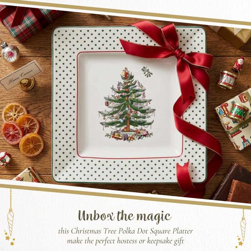 Christmas Tree POLKA DOT SQUARE PLATTER 10"
