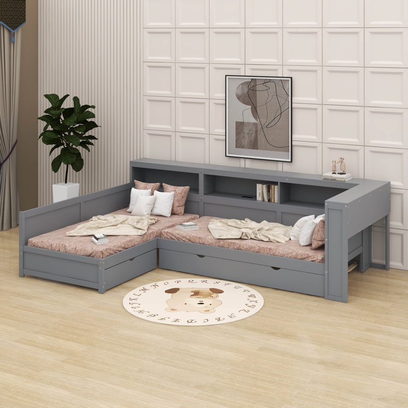 Lit plateforme simple en bois en L avec lit gigogne et tiroir, gris