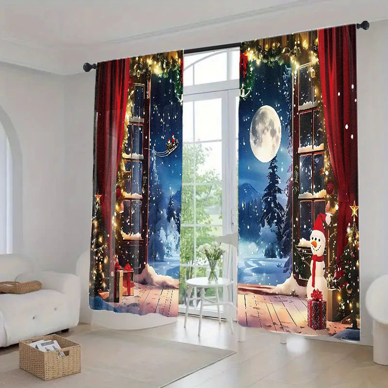 2Pcs Christmas Window Curtains Santa Claus Snowman Print Room Darkening Winter Holiday Themed Decorative for Living Bedroom Festive Home Decor Light Filtering Drapes