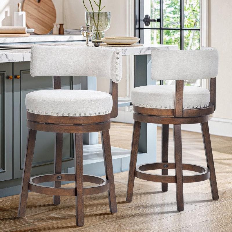 360° Swivel Bar & Counter Stool with Nailhead Trim, Upholstered Solid Wood Bar Chair for Kitchen Island, Beige