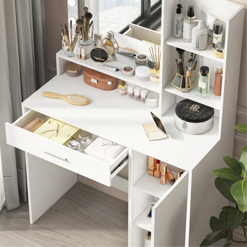 Vanity Desk With Mirror & Light, Large Drawer Three Level Storage Dresser, 3 Lighting Modes Adjustable Brightness, Bedroom Dressing Table(White)