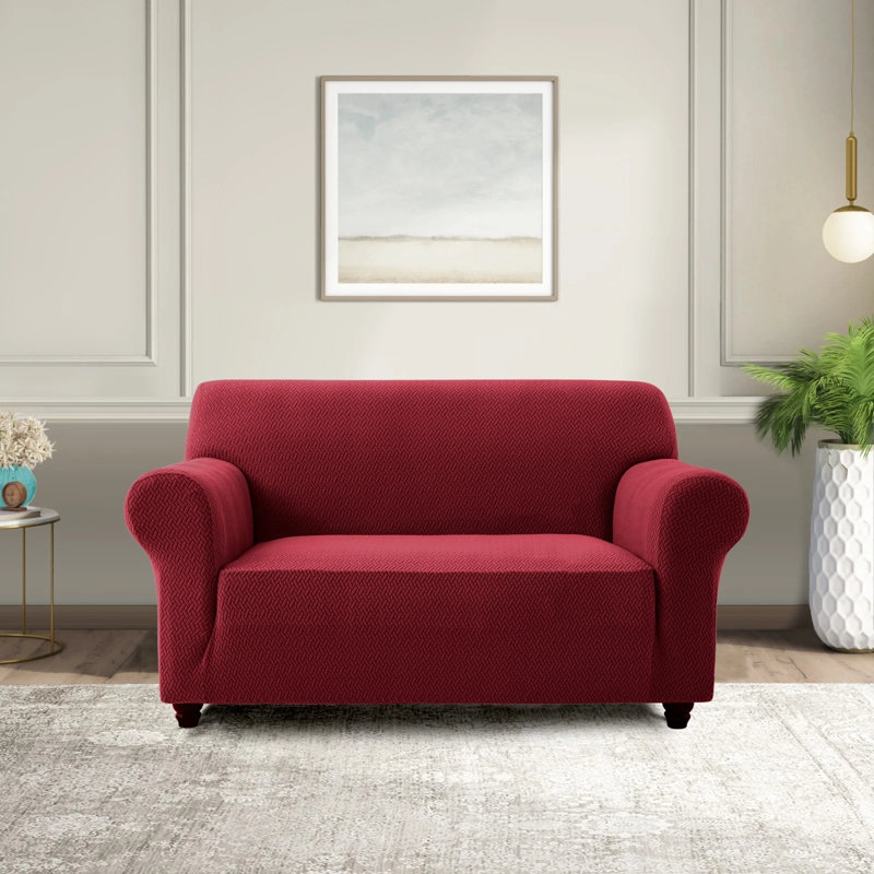 Spandex Stretch Sofa Cover - Jacquard Pattern Sofa Slipcover & Furniture Protector, 179cm W x 224cm D (2 Seater), Burgundy