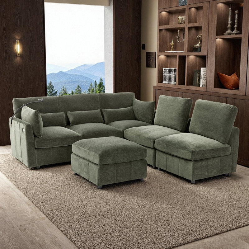 Black Chenille Modular Sectional Sofa with Movable Ottoman & USB Charger, Green