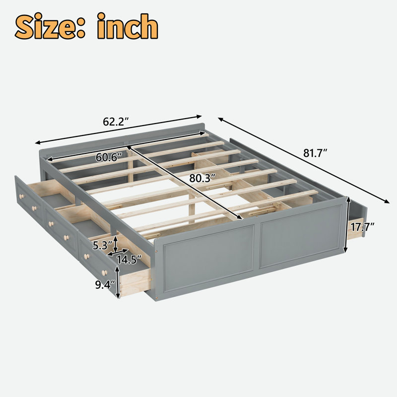 Structure de lit plateforme en bois avec 6 tiroirs et poignées à boutons de couleur bois