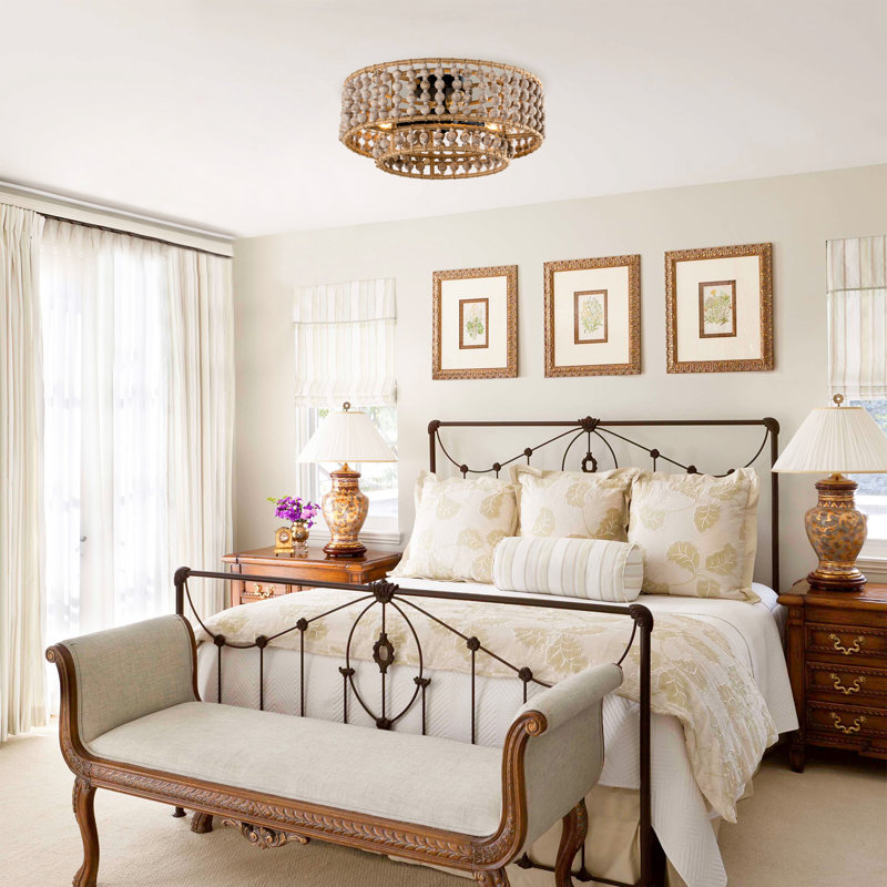 16" Boho 3-Light 2-Tiered Wood Beaded Dimmable Flush Mount Ceiling Light