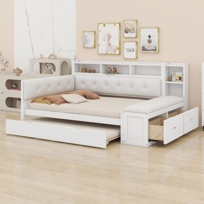 All-in-One Wood Daybed with Trundle, Storage Shelves, Bench, Charging Station & Upholstered Headboard