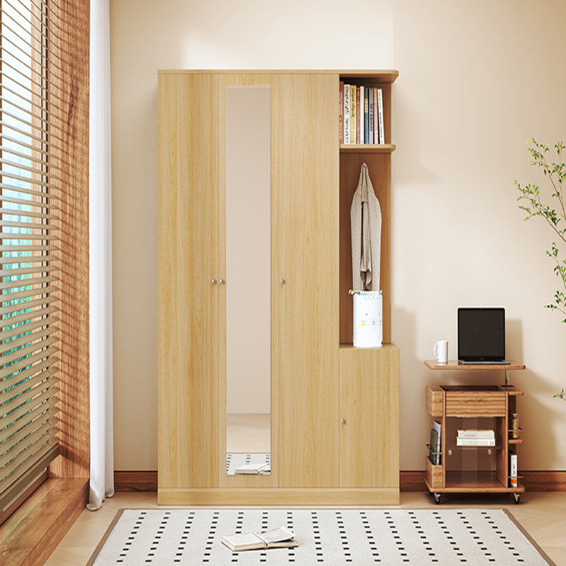 Armoire 4 portes avec rangement ouvert et miroir, Naturel