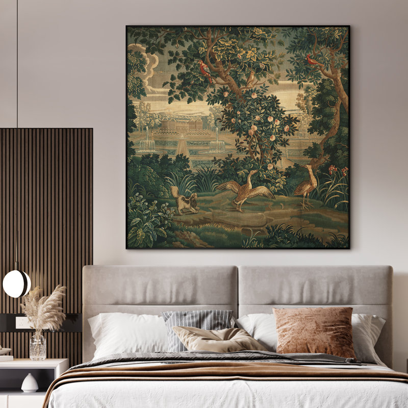 Très grande reproduction d'art sur toile - Tapisserie, scène de jardin botanique ornée avec des oiseaux, décoration pour le salon ou la chambre à coucher - «Assemblage requis du cadre (cadre non fini)»