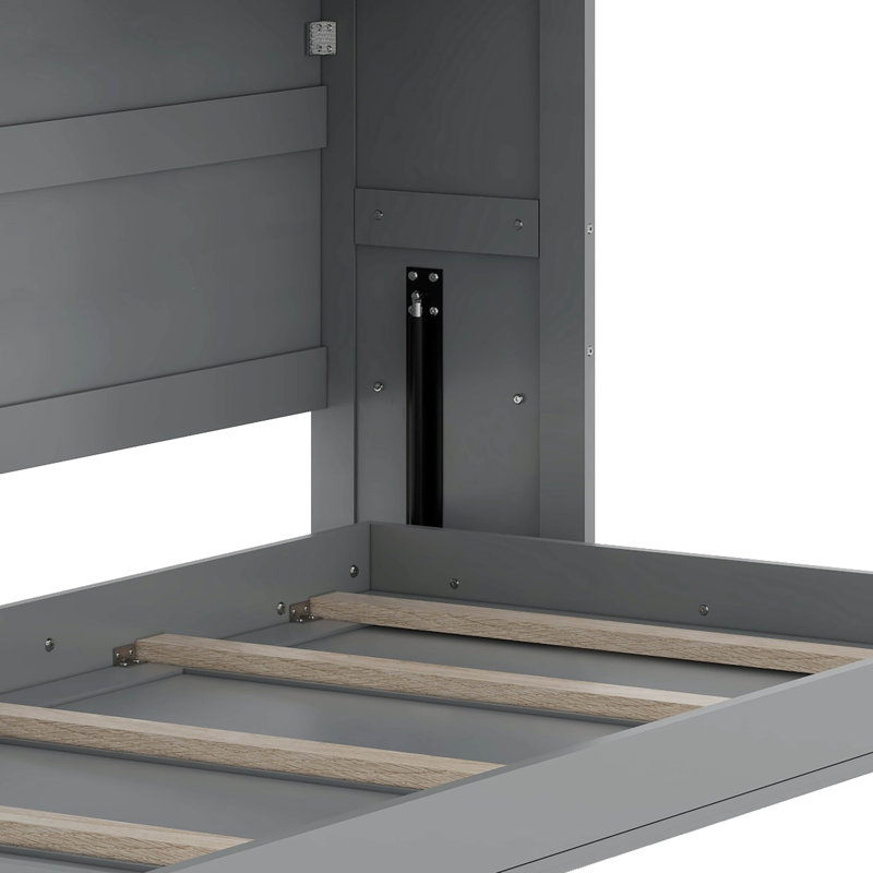 Lit escamotable mural simple avec armoire supérieure, tablettes, lumière et USB, gris