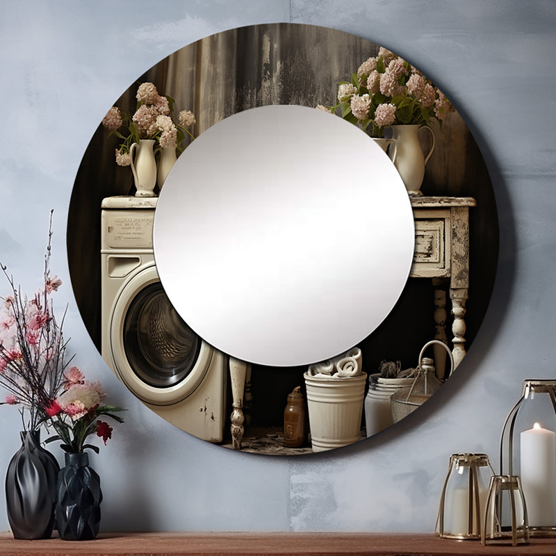 Farmhouse Laundry Charm II - miroir mural décoratif, miroir rond beige, impression d'art en métal, 23 po x 23 po