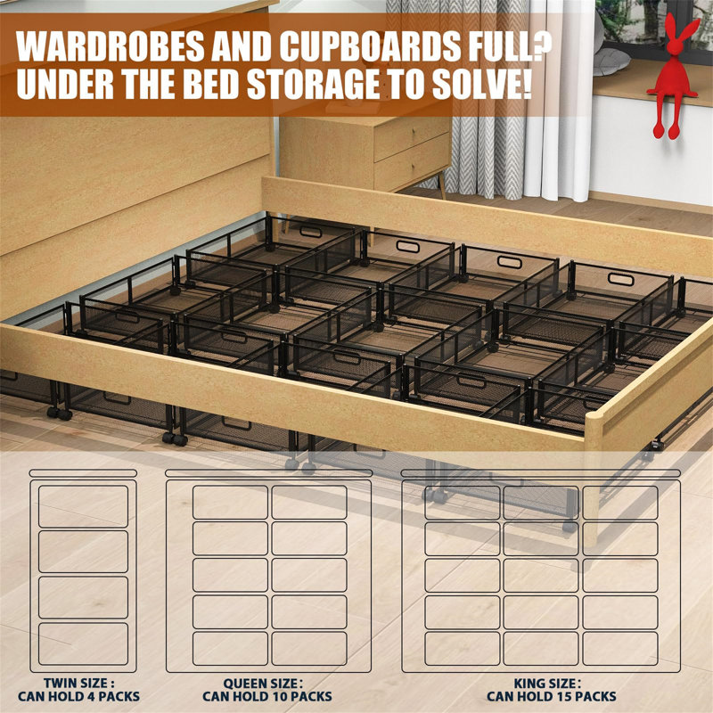 Black Metal Foldable Under Bed Storage Containers with Wheels