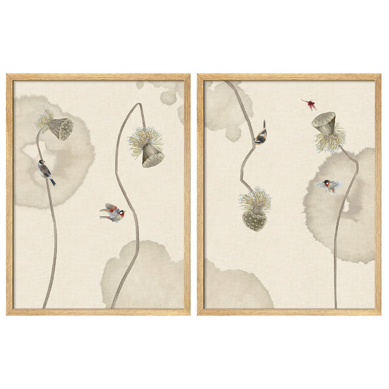 Oiseaux sur lotus, Naturel / naturel, H 14 po x l 11 po