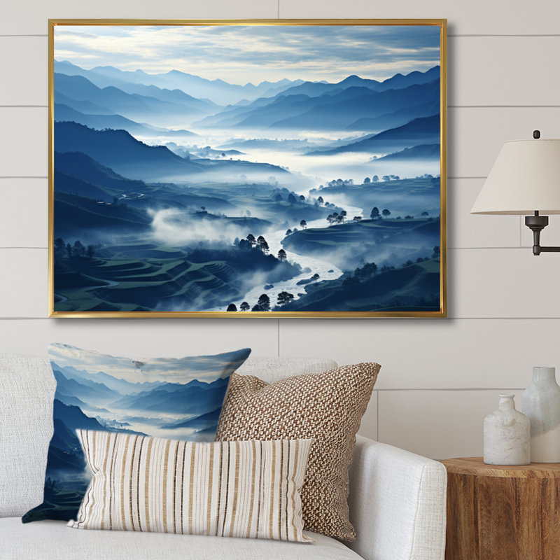 Thailande, Misty Mountains, H 30 po x l 40 po x P 1,5 po, Cadre flottant doré