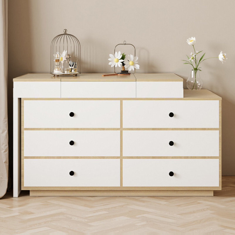 Extendable Vanity Desk Home & Office Convertible L-Shaped Wooden Desk Features A Flip-Up Makeup Mirror And 6 Storage Drawers, Including 2 Small Storage Drawers