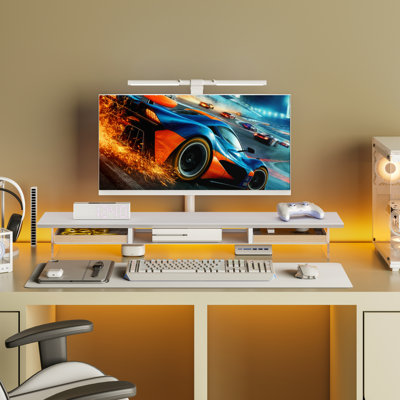 Acrylic Monitor Stand for Desk, 2 Tier Dual Monitor Riser with Solid Wood Drawers, 42.5 Inch Computer Stand for Two 27 Inch Monitors