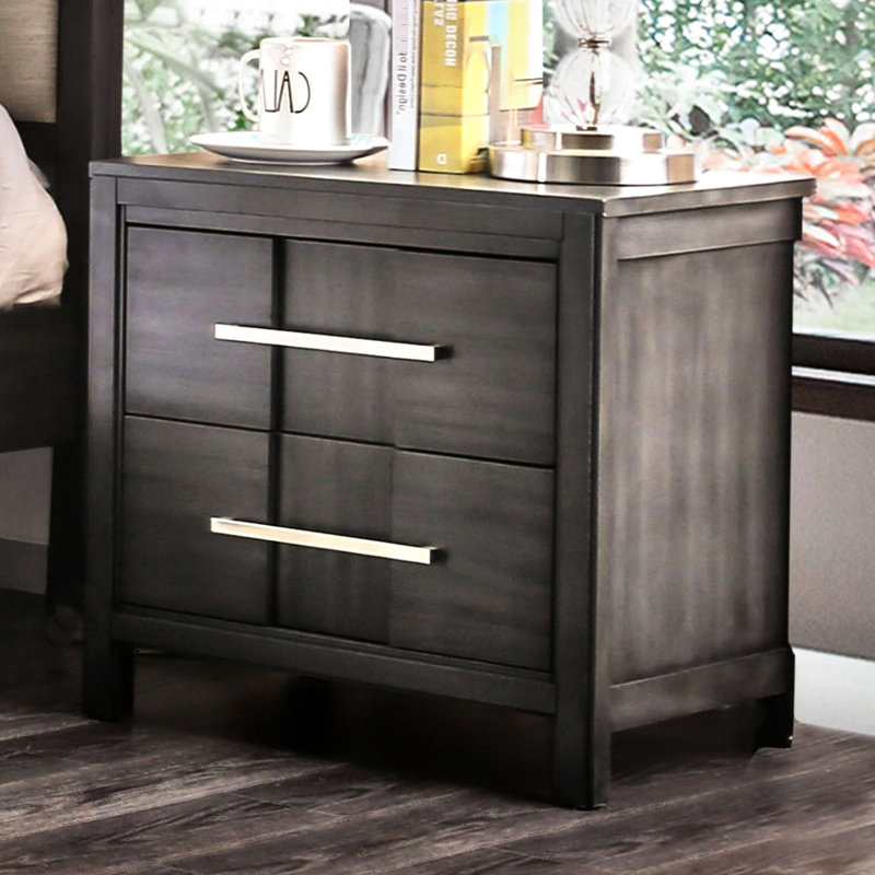 Table de chevet transitionnelle grise 1 pièce moderne avec 2 tiroirs, plateau doublé de feutre, bois massif et tiroir anglais pour la quincaillerie de décoration de chambre à coucher en nickel