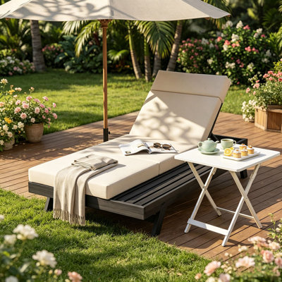 Lounge Chaise Set With Headrest, Space Available On One Side, Acacia Wood With Water-Resistant Lounge Cushions (3-Fold & 4 Inch)