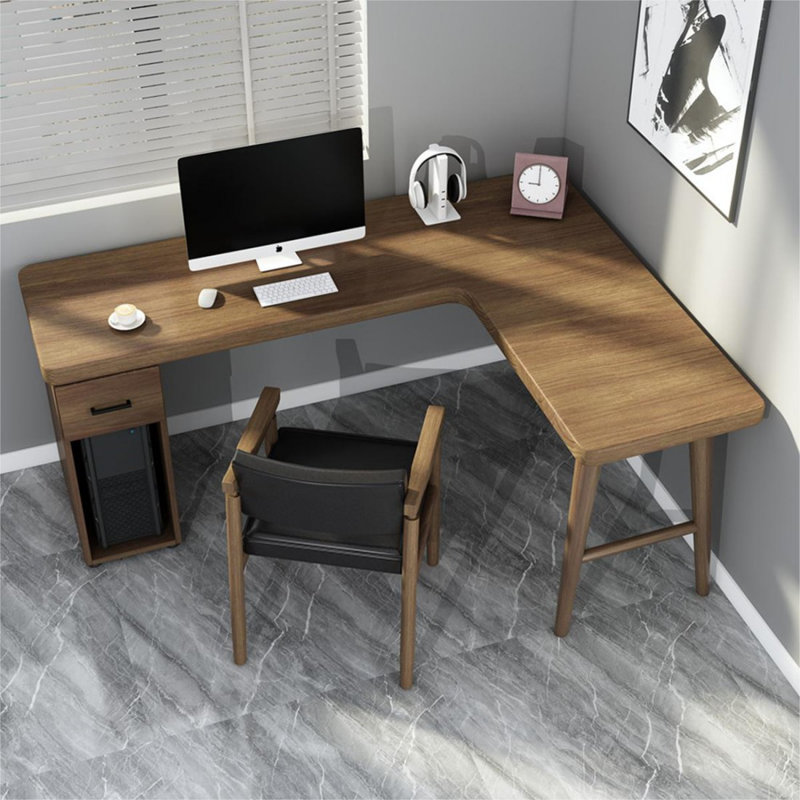 Bureau double caisson en L en bois massif avec 1 tiroir, Retour à droite, H 29,53 po x l 70,87 po x P 47,24 po