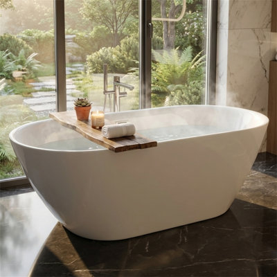 67" Acrylic Freestanding Soaking Bathtub, Deep Soak (13.8" Water Depth), Single High Backrest, 135-Gallon Capacity, POP-UP Chrome Drain, Insulated & Soundproof