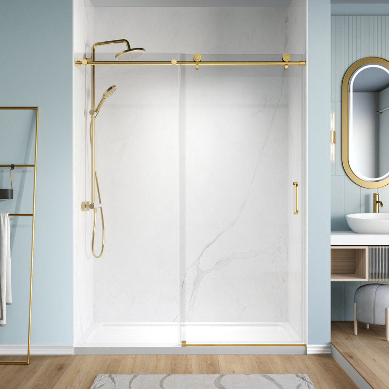 Porte de douche coulissante simple sans cadre de 56 à 60 po x H 76 po avec verre trempé de 1/4 po (6 mm) pour douche à l'italienne, or brossé
