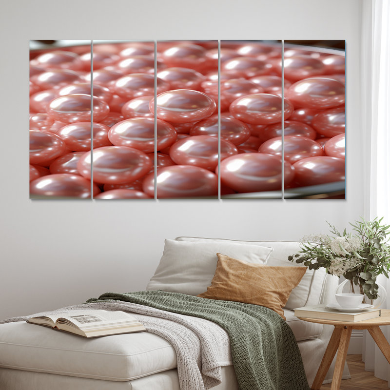 Perles de cristal rose dans un bol - impression d'art mural fleurs - 5 panneaux égaux