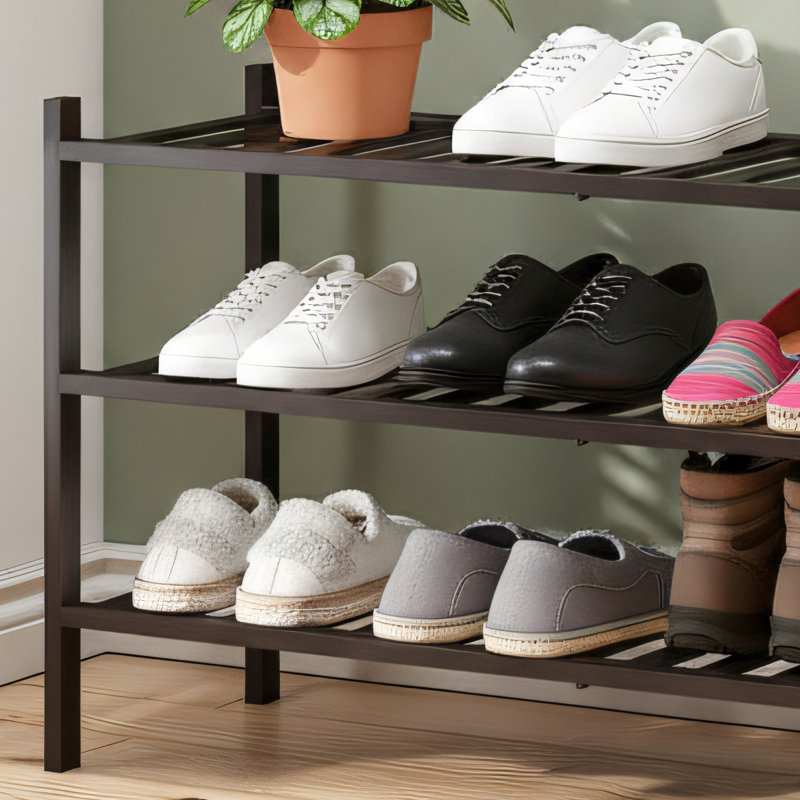 Four-Tier Bamboo Shoe Rack, Freestanding And Stackable, Suitable For Wardrobes, Entryways, And Small Spaces., Brown