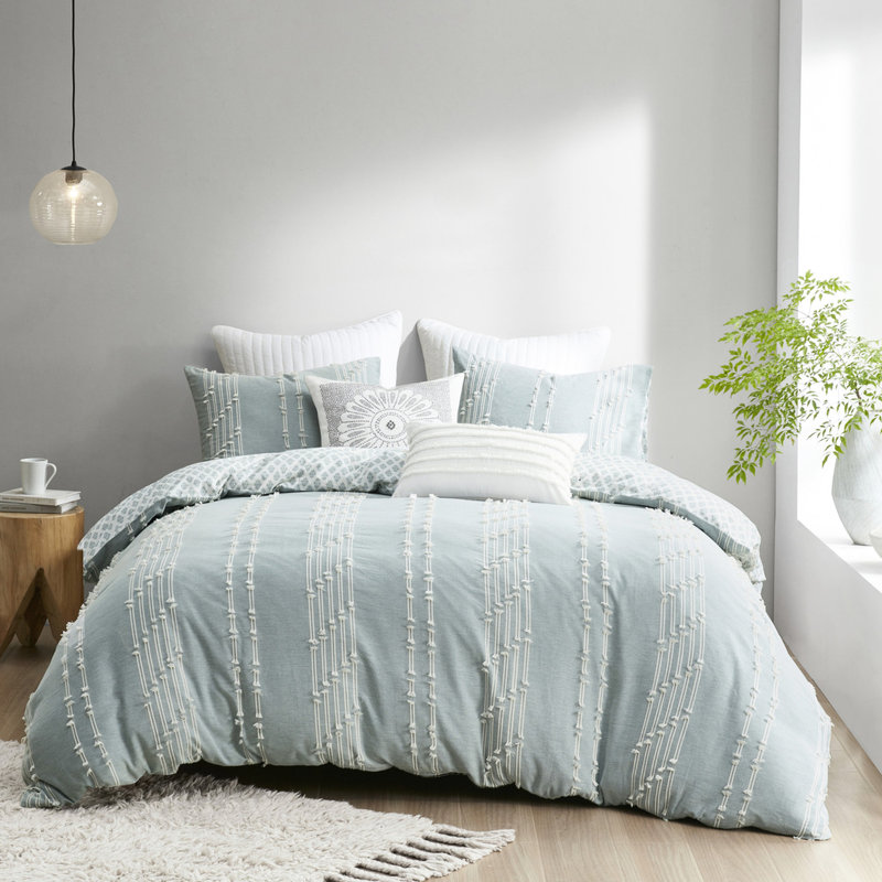Housse de couette pour lit double / grand en coton, motif à rayures imprimées et attaches de coin à l'intérieur pour 3 pièces de lit, attaches