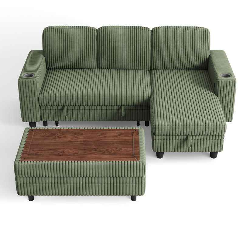 Sherry L Shaped Corduroy Sleeper Sectional With Storage Chaise , Ottoman And USB Charging, Bella Forest Green Corduroy
