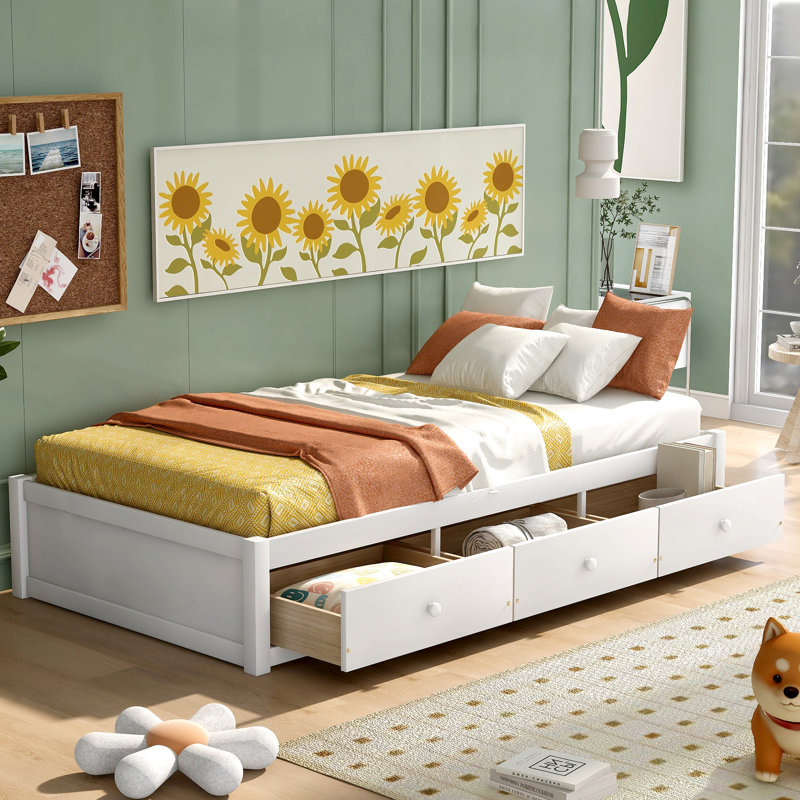 Lit plateforme simple avec fabrication en bois massif - 3 tiroirs en blanc pour une chambre à coucher