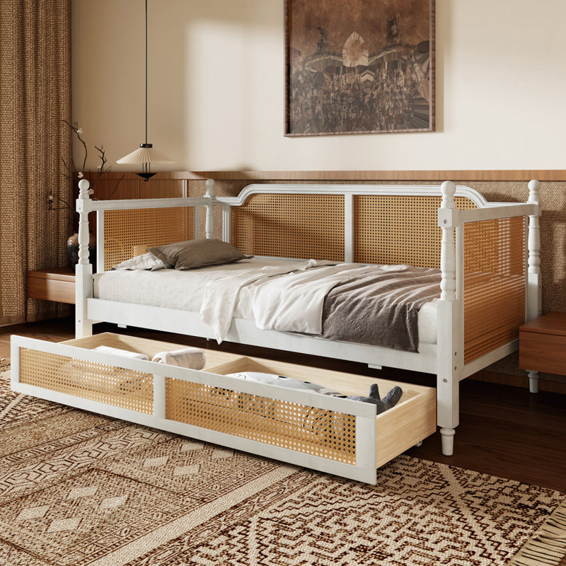 Lit de jour en rotin avec 2 tiroirs pour un espace limité, Lit simple, Blanc antique