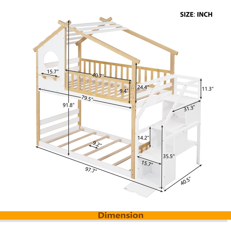 Stairway Twin-Over-Twin Bunk Bed,House Bed,Storage And Guard Rail,Natural Bed +White Stair
