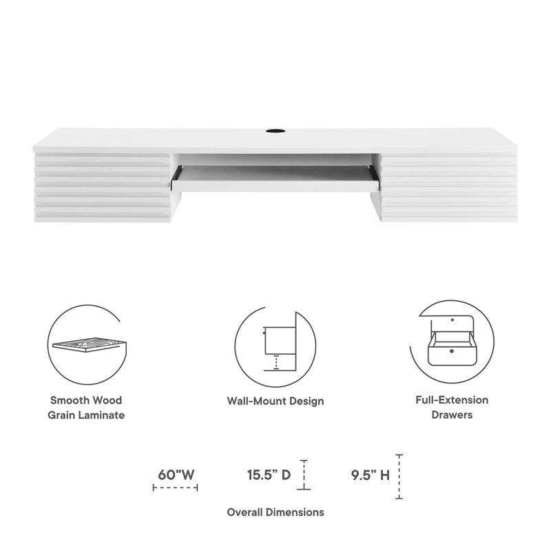 White Wall Mounted Wood Computer Desk with Drawer and Keyboard Tray