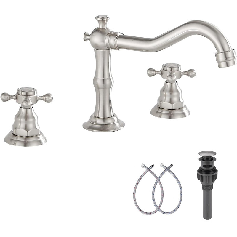 Robinet de salle de bain à large entraxe avec bonde, Nickel brossé