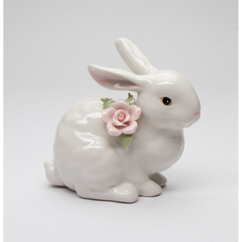Rabbit With Pink Rose Figurine - Crouching- 4 1/2"H
