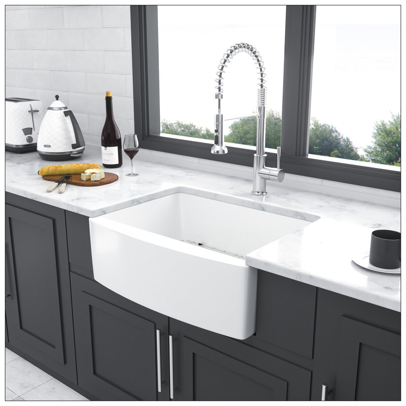 White Farmhouse Sink - 24 Inch White Kitchen Sink Ceramic Arch Edge Apron Front Single Bowl Farm Kitchen Sinks