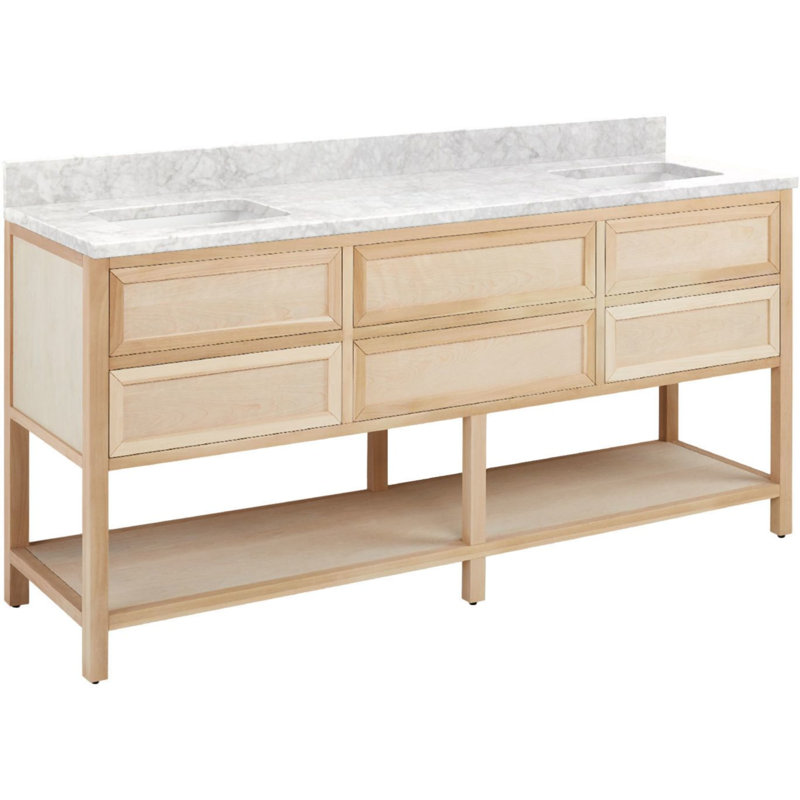 72" Robertson Double Bathroom Vanity Set with Rectangular Undermount Sinks, Carrara Marble, No Faucet Hole, Brushed White