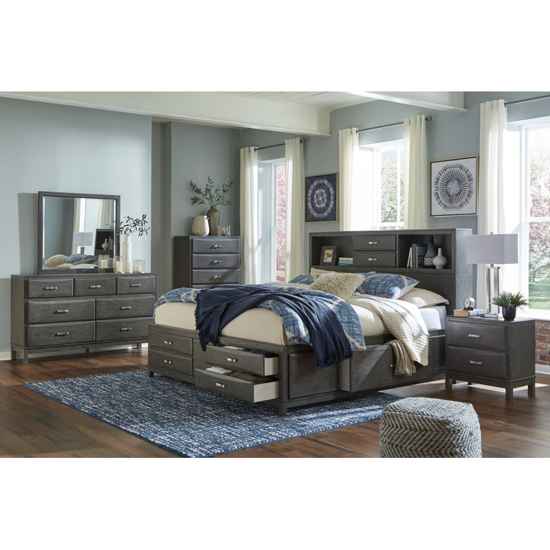 Caitbrook Contemporary Gray Wood King/California King Bookcase Bed with 8 Drawers